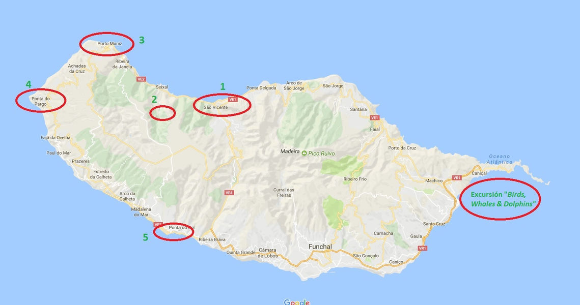 Mapa de zonas de observación de aves visitadas en Madeira, julio 2017